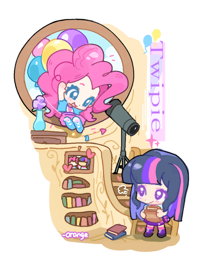 2girls :d alternate_skin_color arms_up artist_name balloon black_hair black_shoes blue_boots blue_eyes blue_jacket blunt_bangs blunt_ends book bookshelf boots border bow chengzi82020 chibi chibi_only chinese_commentary closed_mouth colored_eyelashes commentary_request confetti curly_hair cutie_mark dot_nose eye_contact footwear_bow full_body heart heart_print holding holding_book in-universe_location indoors jacket knee_boots long_hair looking_at_another multicolored_hair multiple_girls my_little_pony my_little_pony:_equestria_girls my_little_pony:_friendship_is_magic open_clothes open_jacket open_mouth picture_frame pink_bow pink_hair pink_skirt pinkie_pie pinkie_pie_(equestria_girls) purple_eyes purple_hair purple_skirt purple_socks round_window ship_name shirt shoes short-sleeved_jacket short_sleeves sidelocks skirt smile socks stairs straight_hair streaked_hair telescope twilight_sparkle twilight_sparkle_(human) very_long_hair white_border white_shirt window wooden_floor