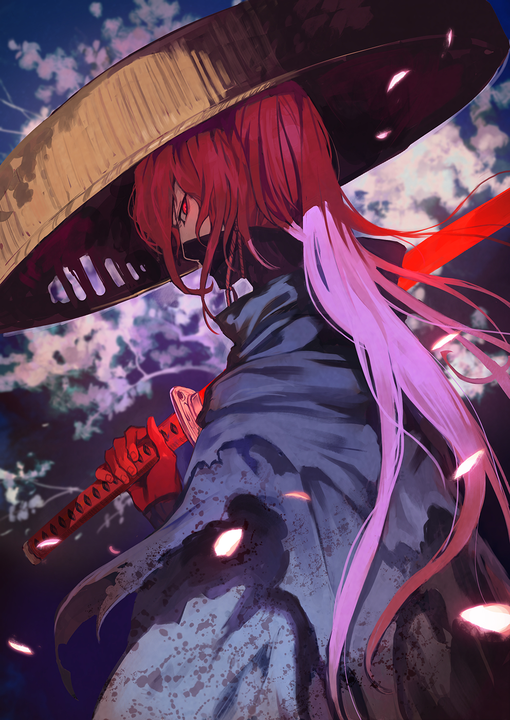 1boy ajirogasa fate/grand_order fate_(series) hat highres katana lack long_hair male_focus mask okada_izou_(fate) okada_izou_(second_ascension)_(fate) over_shoulder petals red_eyes red_hair sandogasa solo sword weapon weapon_over_shoulder