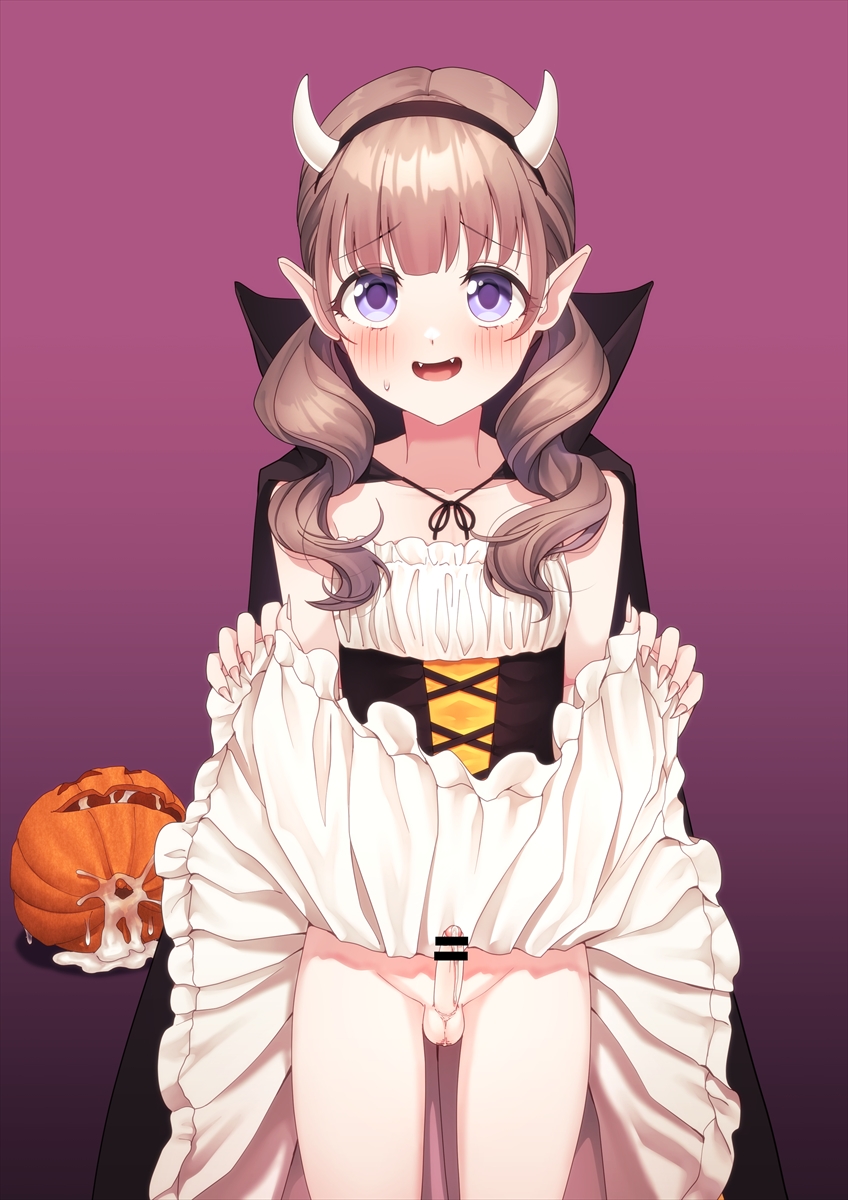 1boy after_masturbation bar_censor black_cloak blush brown_hair censored cloak clothes_lift collarbone crossdressing cum cum_on_object curly_hair dress dress_lift erection fake_horns fang fingernails frilled_dress frills gradient_background halloween_costume heart highres hokuro_ryuuseigun horns jack-o&#039;-lantern junior_(hokuro_ryuuseigun) lifting_own_clothes long_hair looking_at_viewer open_mouth original penis precum pumpkin purple_background purple_eyes sharp_fingernails skirt skirt_lift small_penis small_testicles solo speech_bubble strapless strapless_dress sweatdrop testicles textless_version trap twintails
