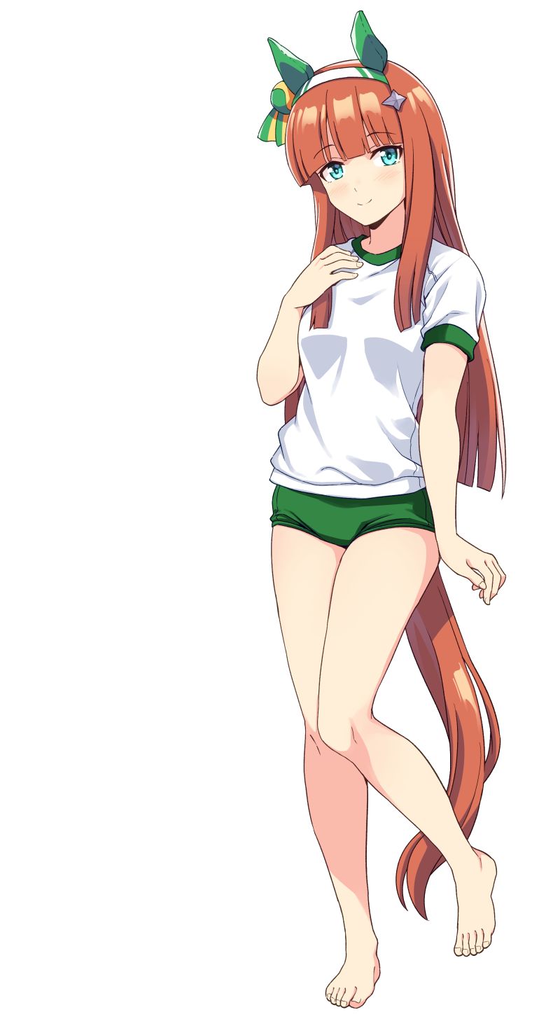 1girl animal_ears barefoot blunt_bangs buruma ear_covers full_body green_buruma green_eyes gym_shirt gym_uniform hairband highres hime_cut horse_ears horse_girl horse_tail long_hair looking_at_viewer orange_hair ponzu_rui shirt silence_suzuka_(umamusume) simple_background solo standing t-shirt tail umamusume white_background white_hairband white_shirt