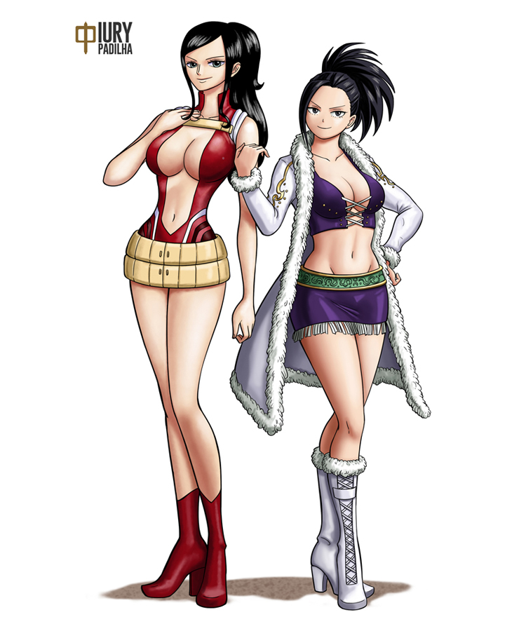 2girls artist_name bare_legs black_eyes black_hair blue_eyes boku_no_hero_academia boots breasts center_opening cleavage coat collarbone cosplay costume_switch criss-cross_straps crossover full_body high_heel_boots high_heels iury_padilha large_breasts leotard long_hair looking_at_viewer midriff multiple_girls navel nico_robin nico_robin_(alabasta) nico_robin_(cosplay) one_piece open_clothes open_coat ponytail purple_skirt red_footwear red_leotard skirt sleeveless leotard standing thighs white_background white_coat white_footwear yaoyorozu_momo yaoyorozu_momo_(cosplay)