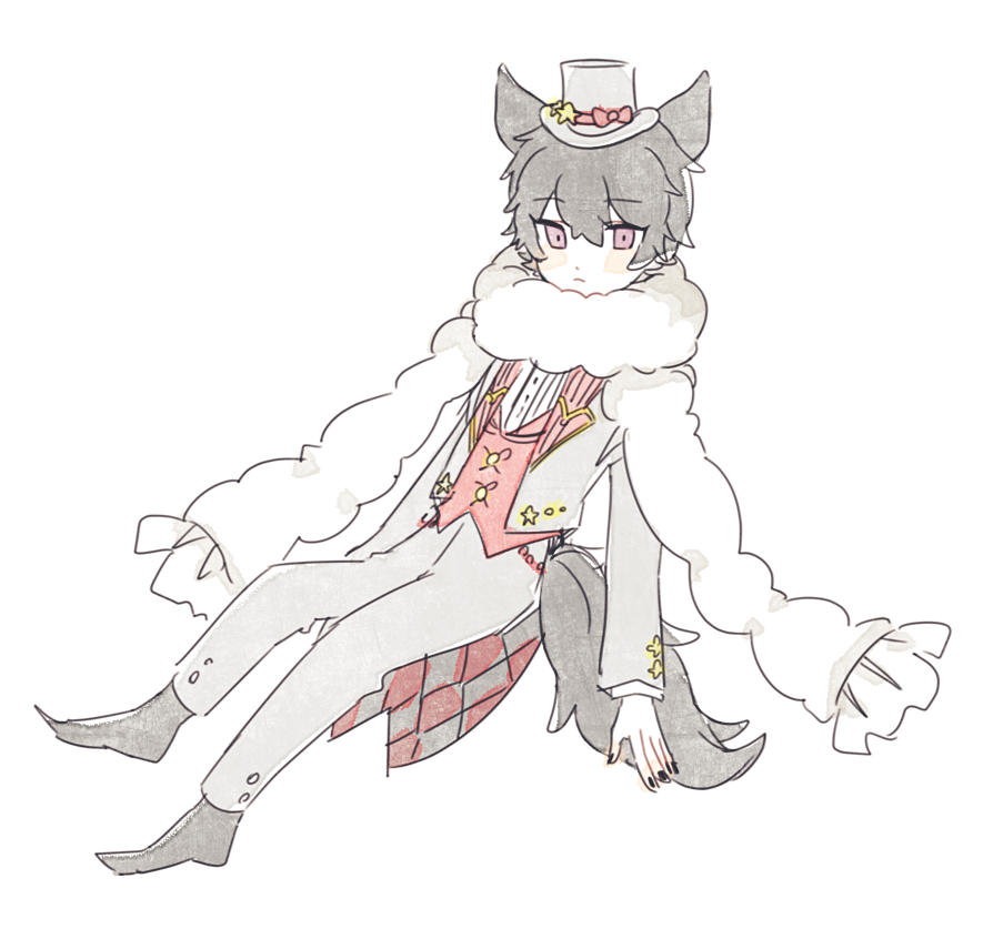 1boy animal_ears arne_no_jikenbo black_hair black_nails black_socks blazer blush_stickers buttons closed_mouth collared_jacket commentary_request dot_nose dress_pants dress_shirt expressionless fingernails formal_clothes frilled_scarf full_body fur_scarf grey_hat grey_jacket grey_pants grey_suit hair_between_eyes hat jacket lapels layered_sleeves light_frown long_sleeves looking_at_viewer male_focus mini_hat mini_top_hat notched_lapels open_clothes open_jacket pants pink_eyes red_vest scarf shirt short_hair shuntaro_(tya_nya0000) simple_background socks solo star_(symbol) star_button suit tail top_hat vest white_background white_scarf white_shirt wolf_boy wolf_ears wolf_tail zisye
