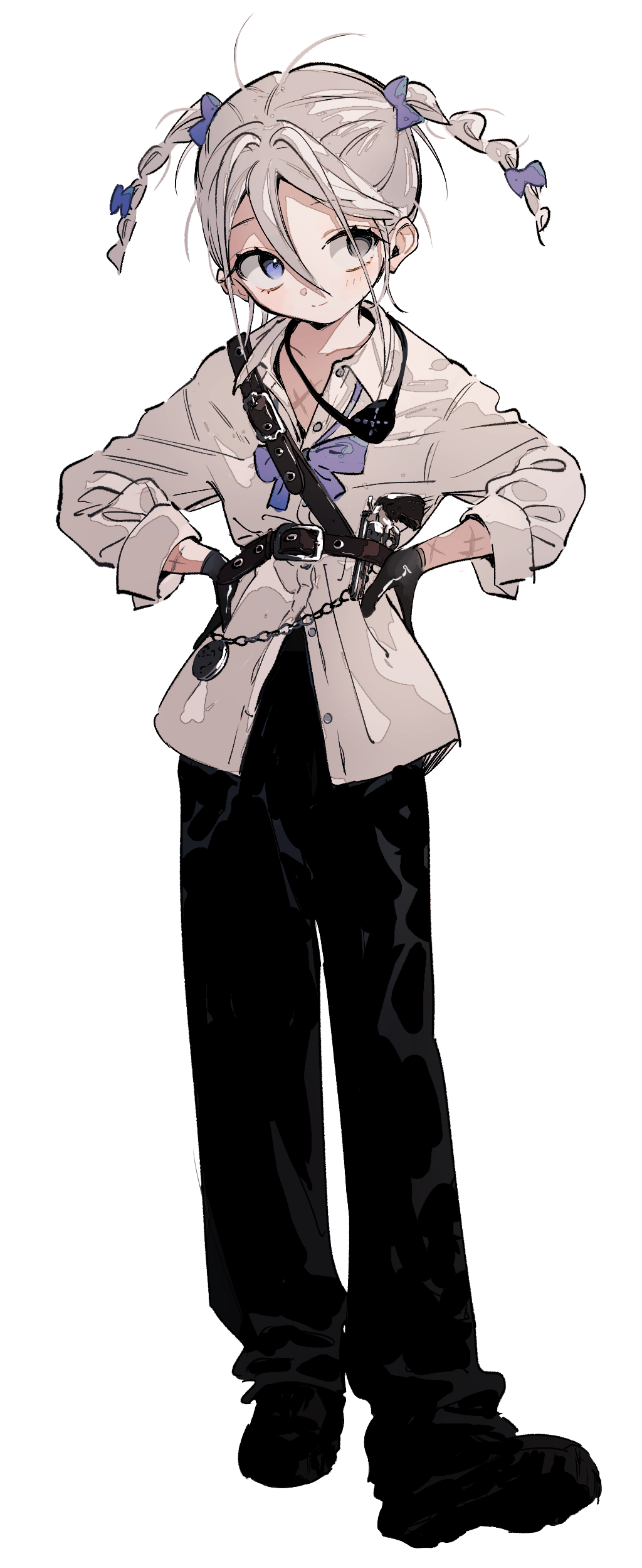 1girl absurdres belt black_gloves black_pants black_shoes blue_bow blue_bowtie blue_eyes blush bow bowtie braid buckle closed_mouth collared_shirt eyepatch full_body gloves grey_eyes gun gunbelt hair_between_eyes hair_bow hand_on_own_hip handgun hands_on_own_hips heterochromia highres holstered long_sleeves looking_to_the_side mormormorp original pants pocket_watch purple_bow revolver ribbon scar scar_on_arm scar_on_chest shirt shoes simple_background smile solo standing twin_braids twintails unworn_eyepatch watch weapon white_background white_hair white_shirt