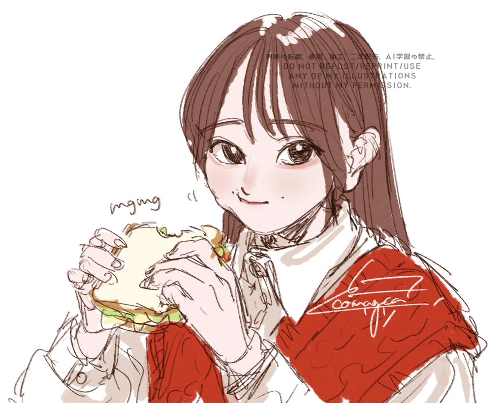 1girl :t actor artist_name black_eyes brown_hair closed_mouth collared_shirt eating food hands_up holding holding_food komuzuka long_hair long_sleeves looking_at_viewer mole mole_above_mouth motion_lines nakamura_yukari_(voice_actor) portrait real_life red_sweater_vest sandwich shirt signature simple_background sketch smile solo sweater_vest watermark white_background white_shirt