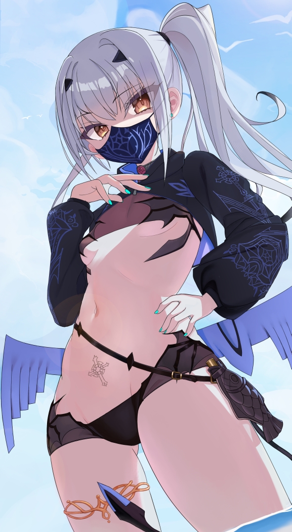 1girl bikini black_bikini black_jacket breasts cropped_jacket egak5578 fate/grand_order fate_(series) gluteal_fold hand_on_own_hip hand_up jacket long_hair low_wings mask melusine_(fate) melusine_(swimsuit_ruler)_(fate) melusine_(swimsuit_ruler)_(first_ascension)_(fate) mouth_mask navel ponytail sidelocks small_breasts solo swimsuit white_hair wings yellow_eyes