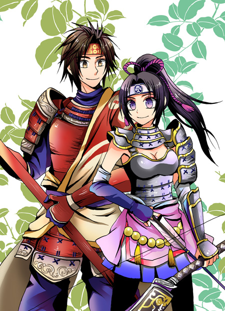 armor black_hair bow_(weapon) breasts brown_eyes brown_hair cleavage hasuhiko headband inahime japanese_clothes miniskirt pantyhose parted_bangs polearm ponytail purple_eyes sanada_yukimura_(sengoku_musou) sengoku_musou skirt smile spear weapon