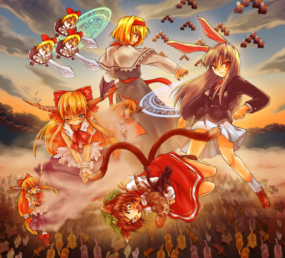 6+girls alice_margatroid animal_ears bad_id bad_pixiv_id blazer blonde_hair blue_eyes bow brown_hair rabbit_ears capelet cat cat_ears cat_tail chen clone earrings female_focus hair_bow hairband hat horn_ornament horn_ribbon horns ibuki_suika jacket jewelry konoe_yuba long_hair magic_circle multiple_girls multiple_tails necktie one_eye_closed orange_hair purple_hair red_eyes reisen_udongein_inaba ribbon shanghai_doll short_hair skirt sword tail too_many too_many_cats touhou v_formation weapon wink