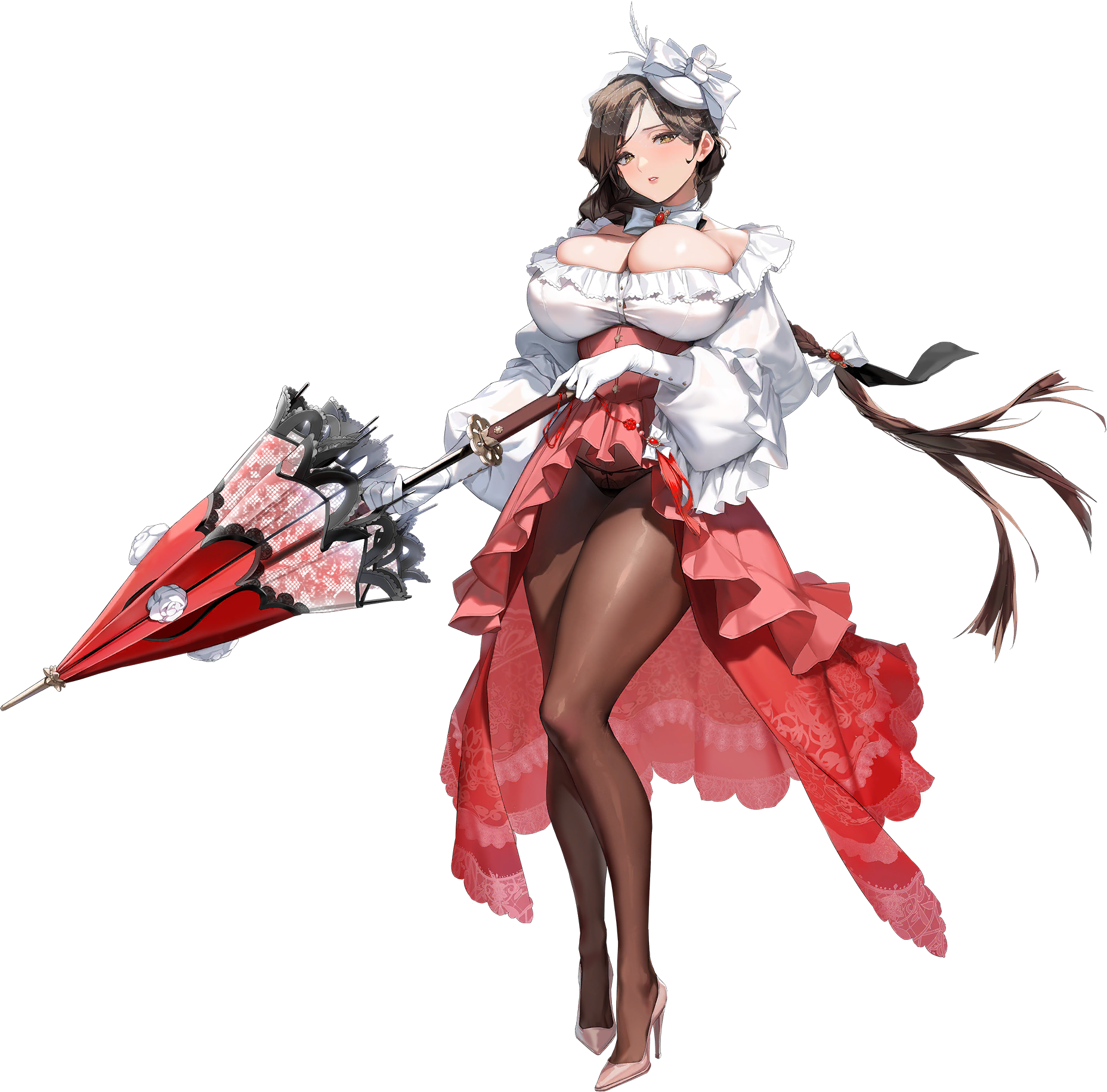 1girl armpit_crease black_panties braid breasts brown_hair brown_pantyhose bursting_breasts cleavage collar collarbone corset dress feather_hair_ornament feathers flower frilled_dress frills game_cg gem gloves hair_ornament hair_ribbon hat_feather high-low_dress high-low_skirt high_heels highres holding holding_umbrella huge_breasts jewelry keumran_(last_origin) lace lace-trimmed_umbrella lace_panties lace_skirt last_origin layered_skirt long_hair long_skirt looking_at_viewer micro_panties neck_ribbon necklace official_alternate_costume official_art panties pantyhose parted_lips pink_shoes pinkmill puffy_sleeves pumps red_corset red_gemstone red_skirt red_umbrella ribbon ribbon-trimmed_panties ribbon_trim rose shoes simple_background single_braid skindentation skirt solo standing stiletto_heels string_panties tachi-e thick_thighs thighs transparent_background umbrella umbrella_flower underwear veil white_collar white_dress white_feathers white_flower white_gloves white_headwear white_ribbon white_rose yellow_eyes