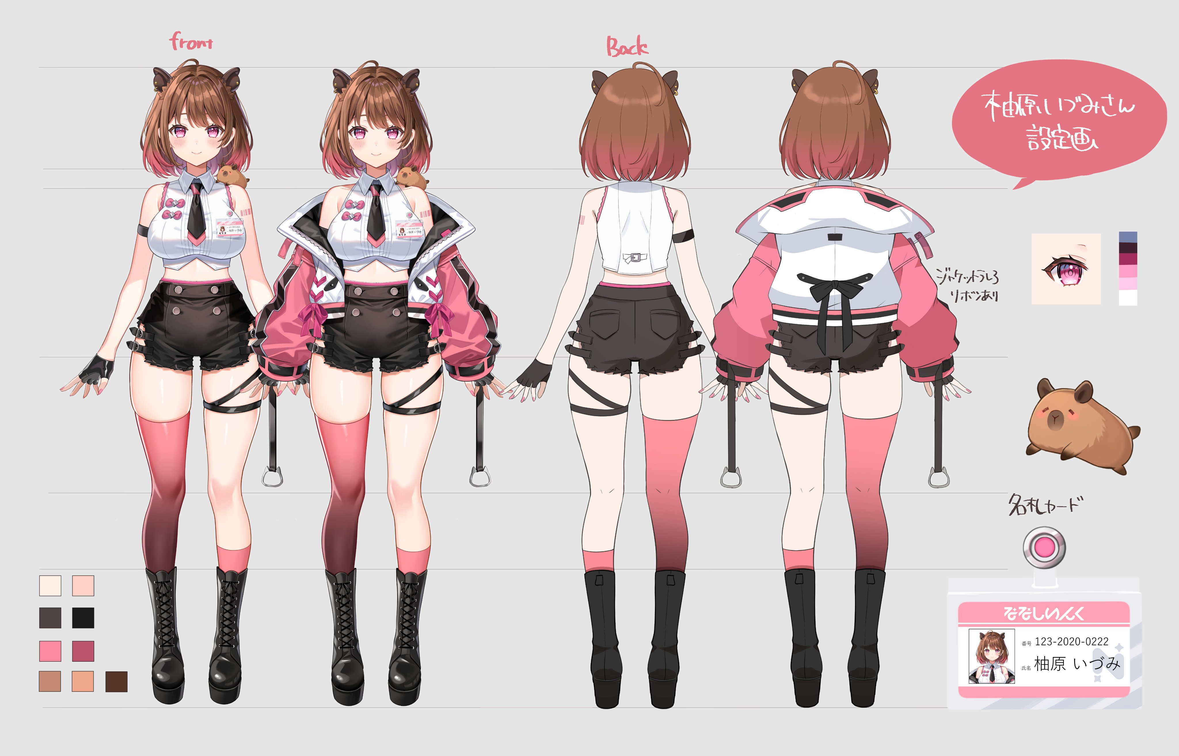 1girl absurdres animal_ears ass black_footwear black_gloves black_necktie black_shorts boots breasts brown_hair buttons capybara capybara_ears capybara_girl closed_mouth collared_shirt color_guide commentary_request crop_top fingerless_gloves full_body gloves gradient_hair gradient_legwear grey_background highres id_card jacket large_breasts looking_at_viewer multicolored_hair multiple_views nanashi_inc. necktie official_art pink_eyes pink_hair pink_sleeves pink_thighhighs satoupote shirt short_shorts shorts simple_background sleeveless sleeveless_shirt smile standing thigh_gap thighhighs translation_request virtual_youtuber white_jacket white_shirt yunohara_izumi