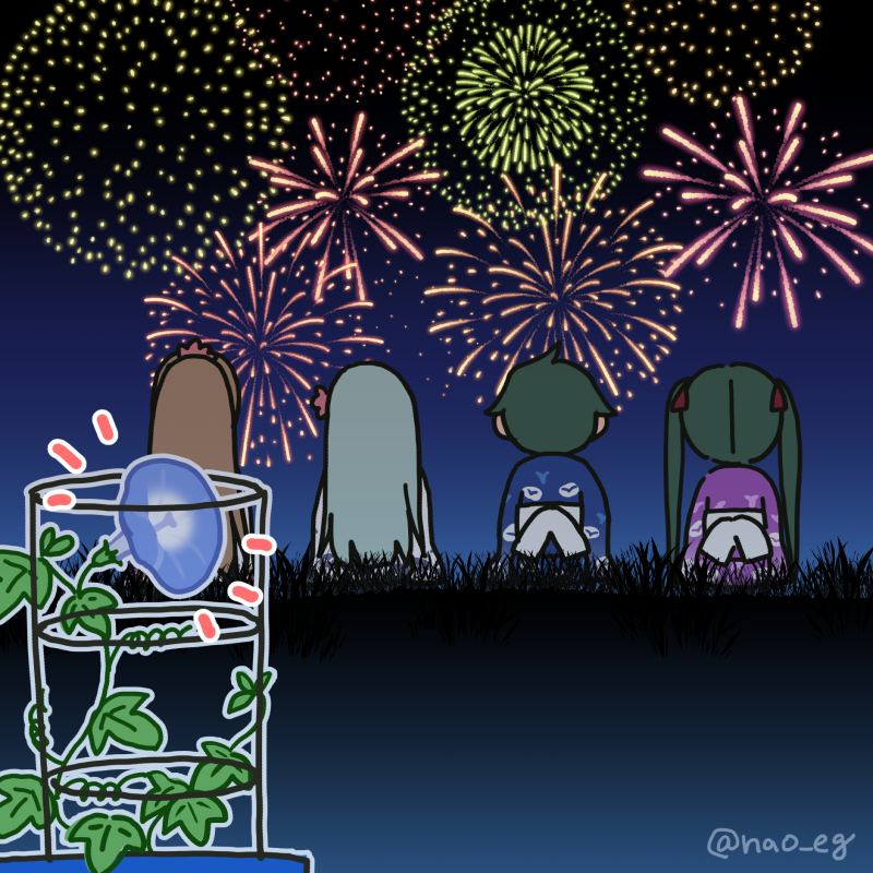 4girls black_hair blooming blue_kimono brown_hair commentary_request fireworks floral_print flower from_above from_behind grey_hair ivy japanese_clothes kantai_collection kimono kumano_(kancolle) long_hair mikuma_(kancolle) mogami_(kancolle) mogami_(yukata)_(kancolle) morning_glory multiple_girls nao_(nao_eg) night plant ponytail potted_plant purple_kimono short_hair suzuya_(kancolle) twintails twitter_username yukata