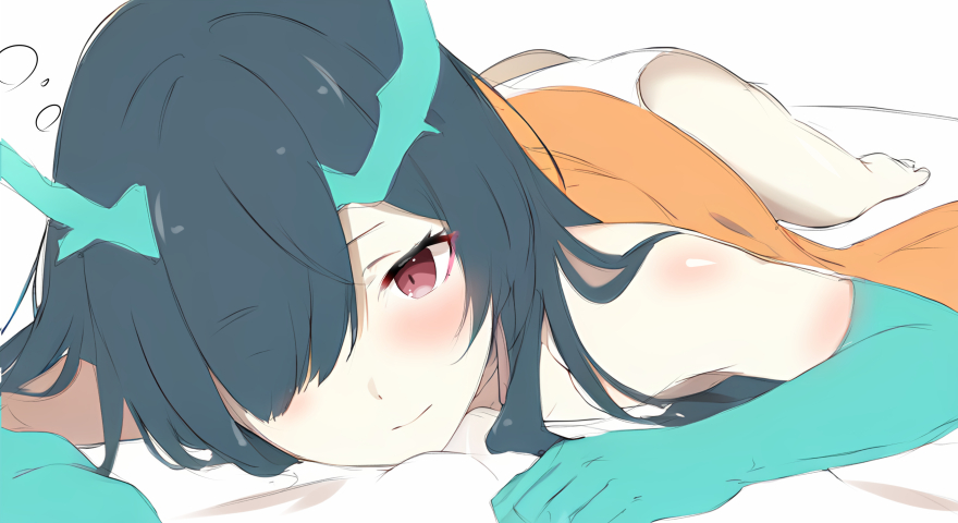 1girl arknights bare_shoulders black_hair blush closed_mouth colored_extremities commentary_request dragon_girl dragon_horns dusk_(arknights) green_horns hair_over_one_eye horns light_smile long_hair looking_at_viewer lying on_stomach one_eye_covered orange_shirt panties raifu_(rf) red_eyes shirt simple_background sketch solo underwear white_background white_panties