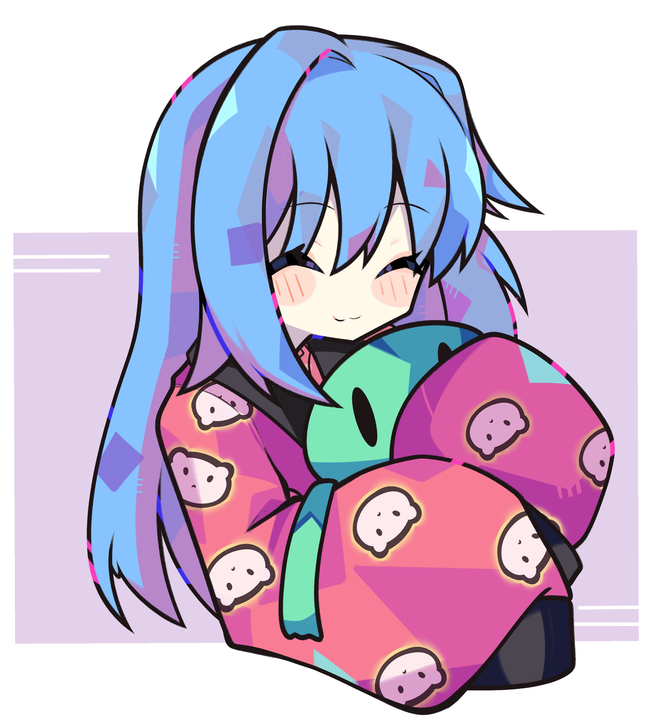 1girl :3 absurdres bee_sempai blue_hair blush closed_eyes closed_mouth hair_between_eyes happy highres holding hugging_object japanese_clothes kanon keropii long_hair minase_nayuki pajamas patterned_clothing solo stuffed_animal stuffed_frog stuffed_toy
