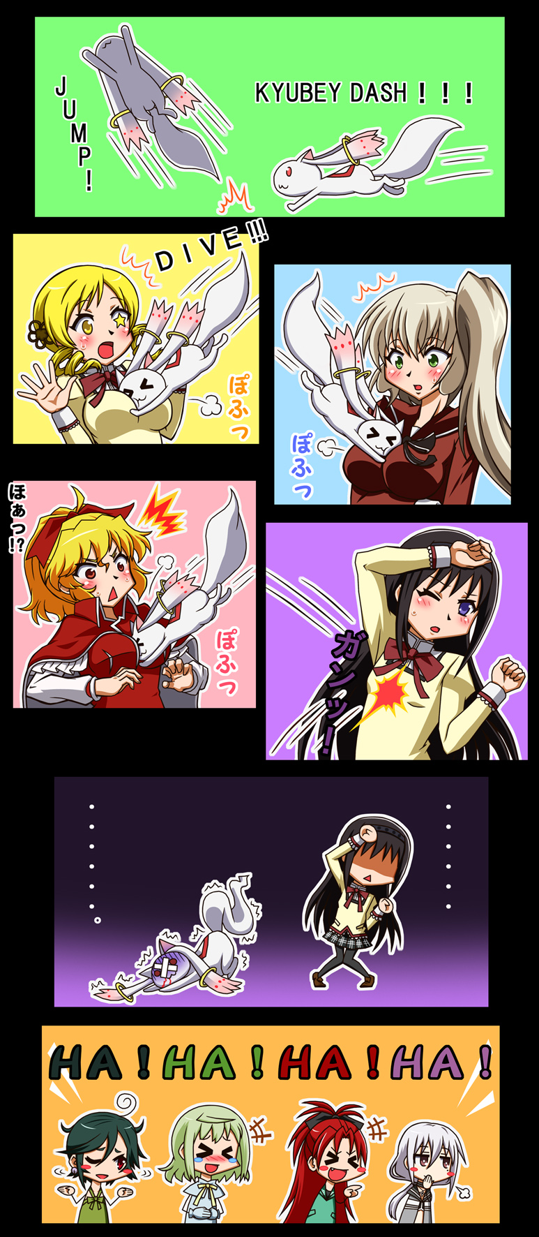 &gt;_&lt; 10s 6+girls ahoge akemi_homura amano_suzune arm_up astlloto30 bandaid black_hair blonde_hair blush_stickers breasts breath brown_hair closed_eyes crossed_bandaids elisa_celjska green_hair hand_to_own_mouth highres jeanne_d&#039;arc_(madoka_magica) jumping kazumi_(madoka_magica) knees_together_feet_apart kyubey landing laughing long_sleeves mahou_shoujo_kazumi_magica mahou_shoujo_madoka_magica mahou_shoujo_oriko_magica mahou_shoujo_suzune_magica mahou_shoujo_tart_magica mikuni_oriko multiple_girls one_eye_closed open_mouth plaid_clothes plaid_skirt purple_eyes red_eyes red_hair sakura_kyoko school_uniform shiraha_private_academy_school_uniform short_hair side_ponytail silver_hair skirt small_breasts sweatdrop symbol-shaped_pupils tomoe_mami trembling triangle_mouth wince