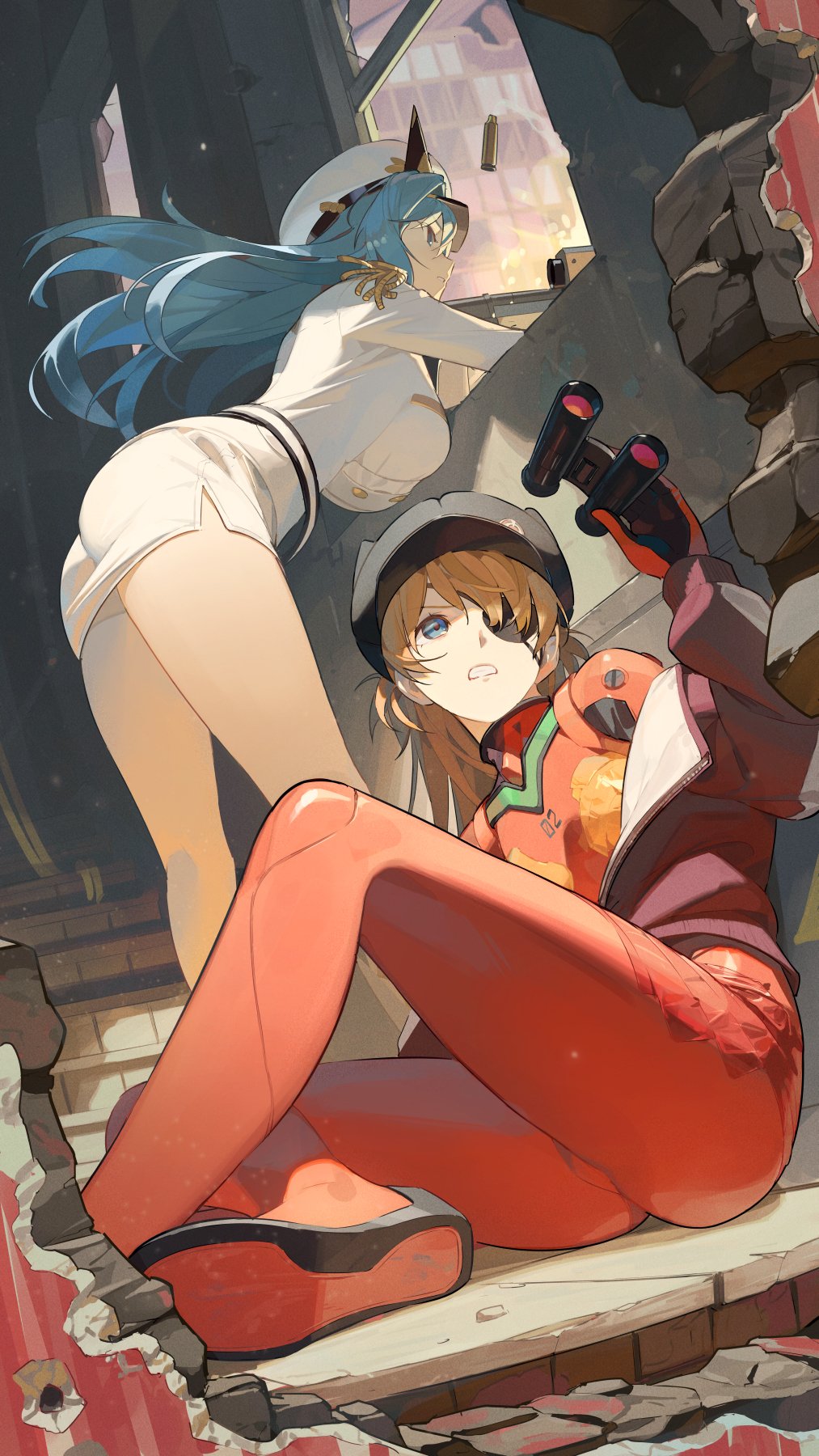 2girls ass beret binoculars blue_eyes blue_hair bodysuit breasts brown_hair crossover epaulettes eyepatch firing goddess_of_victory:_nikke bad_tag gun hat helm_(nikke) highres holding holding_gun holding_weapon jacket large_breasts mecha_pilot_suit military_uniform multiple_girls neon_genesis_evangelion parted_lips plugsuit_(evangelion) rebuild_of_evangelion red_bodysuit red_jacket shell_casing short_shorts shorts sitting small_breasts souryuu_asuka_langley thighs timbougami weapon white_hat white_shorts window