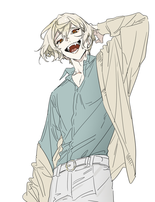 1boy arm_behind_back blonde_hair blue_shirt cardigan evil_grin evil_smile grin higekiri_(touken_ranbu) looking_at_viewer looking_down open_cardigan open_clothes red_eyes shirt simple_background smile teeth tohroh touken_ranbu upper_body