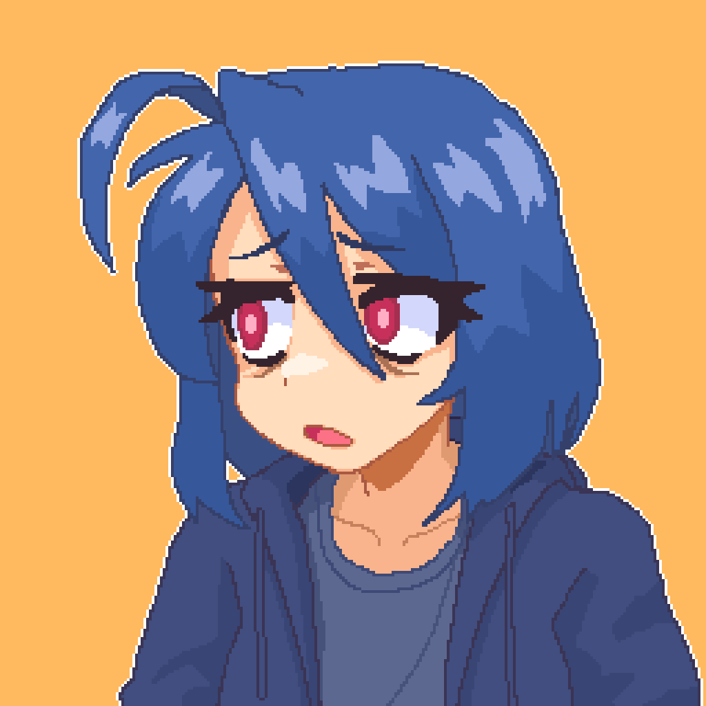 1girl ahoge bags_under_eyes blue_hair blue_hoodie blue_shirt endless_monday:_dreams_and_deadlines eyelashes hair_between_eyes hcnone hood hoodie open_mouth orange_background pink_eyes pixel_art portrait shirt short_hair simple_background skye_(hcnone) solo