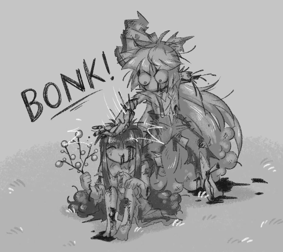 2girls amputee angry barefoot bleeding blood blood_from_mouth bonk branch closed_eyes closed_mouth collared_shirt commentary fujiwara_no_mokou full_body greyscale guuchama houraisan_kaguya impaled jeweled_branch_of_hourai long_hair looking_at_another monochrome multiple_girls pants shaded_face shirt sitting skirt smile standing suspenders torn_clothes torn_pants torn_shirt torn_skirt touhou v-shaped_eyebrows