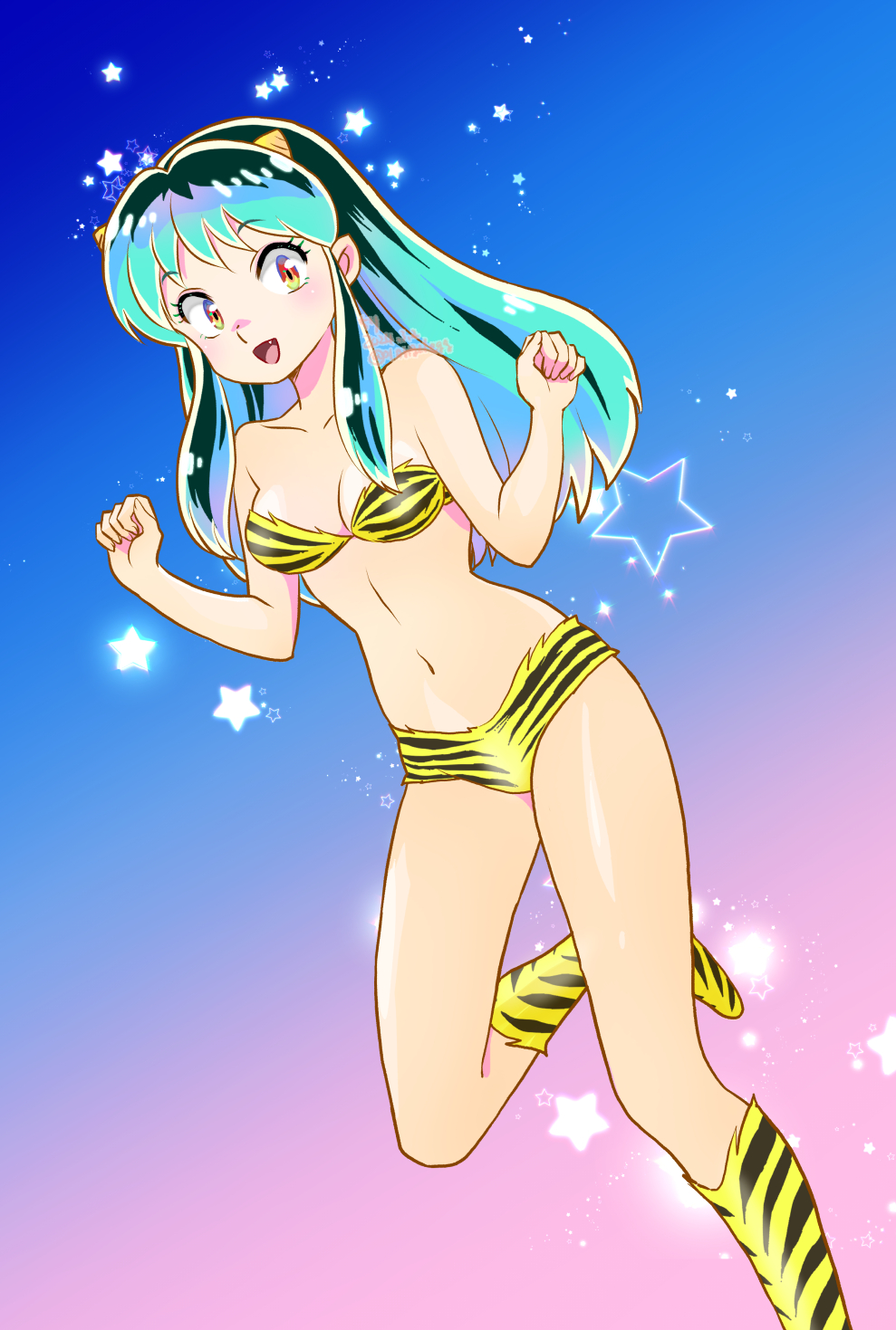 01angelegg 1girl :d animal_print bare_arms black_hair blue_background blue_hair bra fang gradient_background highres horns kneehighs leg_up looking_at_viewer lum multicolored_hair navel open_mouth orange_eyes panties pink_background print_bra print_panties shiny_skin short_hair smile socks solo strapless strapless_bra striped_bra striped_clothes striped_panties striped_socks tiger_print tiger_stripes underwear underwear_only urusei_yatsura yellow_bra yellow_panties yellow_socks