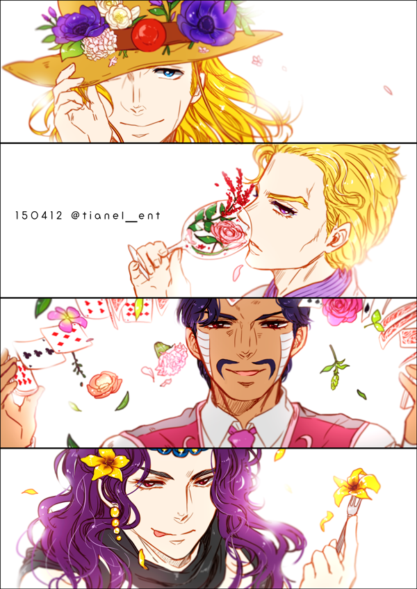 4boys adjusting_clothes adjusting_headwear battle_tendency black_hair blonde_hair blue_eyes card cowboy_hat cup daniel_j._d&#039;arby dark-skinned_male dark_skin diamond_wa_kudakenai drinking_glass earrings facial_hair flower fork hat hat_flower hat_over_one_eye hol_horse jewelry jojo_no_kimyou_na_bouken kars_(jojo) kira_yoshikage licking_lips long_hair male_focus multiple_boys mustache playing_card purple_hair stardust_crusaders tianel_ent tongue tongue_out wavy_hair wine_glass