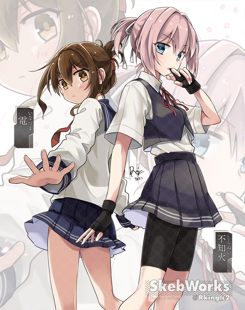 2girls backpack bag bike_shorts black_gloves black_sailor_collar black_skirt blue_eyes brown_eyes brown_hair character_doll collared_shirt commentary_request commission dress_shirt feet_out_of_frame fingerless_gloves folded_ponytail gloves inazuma_(kancolle) kantai_collection multiple_girls neckerchief pink_eyes pleated_skirt ponytail r-king red_neckerchief sailor_collar school_uniform serafuku shiranui_(kancolle) shiranui_kai_ni_(kancolle) shirt short_hair shorts shorts_under_skirt skeb_commission skirt standing white_shirt zoom_layer