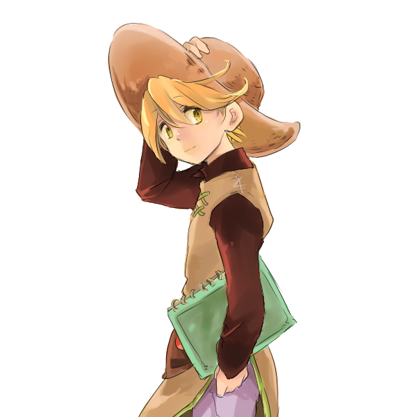 1990s_(style) 1girl androgynous black_shirt blonde_hair blouse female_focus from_side goro_nyanko hat nintendo pokemon pokemon_adventures pokemon_rgby retro_artstyle reverse_trap shirt simple_background solo standing sun_hat tunic white_background yellow_(pokemon) yellow_eyes