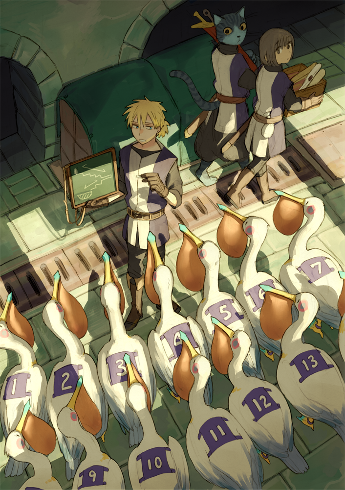 1boy 1girl basket belt bird blonde_hair brown_gloves brown_hair cat_on_person chalkboard colored_sclera from_above gloves indoors ooba pelican pewter_(pfsoz) pixiv_fantasia pixiv_fantasia_scepter_of_zeraldia short_hair standing sunlight uniform walking yellow_sclera