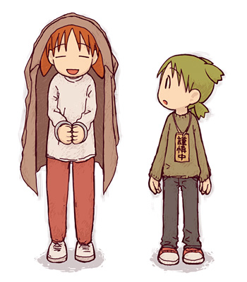 2girls azumanga_daiou child coat coat_on_head coat_over_head creator_connection crossover cuffs emoncake. full_body green_hair handcuffs koiwai_yotsuba looking_at_another lowres mihama_chiyo multiple_girls orange_hair pants quad_tails shoes short_twintails sneakers standing sweater twintails yotsubato!