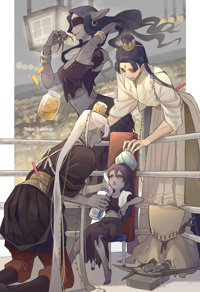 2girls 3boys :d animal_ears audience bag_over_head barefoot black_eyes black_footwear black_hair black_robe black_shirt black_skirt blindfold body_markings boots bottle boxing_ring bracelet brown_shirt brown_skirt button_eyes buttons chair chestnut_mouth cloak closed_mouth colored_skin covered_face crop_top detached_sleeves drinking_straw earrings facial_mark fan_wujiu fan_wujiu_(far_east_wind) feet_out_of_frame fingernails floating floating_object follower_(identity_v) food forehead_mark fruit full_body glowstick grey_skin hair_between_eyes hair_flip heterochromia high_ponytail holding holding_bottle holding_food holding_fruit holding_scythe honey ice_pack identity_v jar jewelry kneeling lamia leaning_forward lemon lemon_slice long_hair long_sleeves midriff monster_girl multiple_boys multiple_girls official_alternate_costume open_mouth outside_border pants parted_bangs pillarboxed pointy_ears ponytail profile purple_eyes purple_lips red_pants robbie_(identity_v) robe rope_around_neck sash scales scythe sharp_fingernails sharpening shirt short_sleeves sitting skirt smile standing sukehige sweat tasuki torn_clothes torn_shirt torn_skirt towel towel_around_neck v-shaped_eyebrows very_long_fingernails water_bottle wavy_hair whetstone white_robe wiping_sweat xiao_guan_(headdress) xie_bian xie_bian_(far_east_wind) yellow_cloak yellow_eyes yellow_sash yidhra_(identity_v)