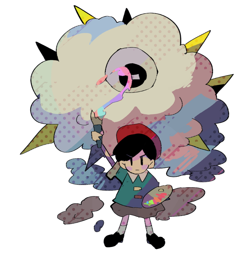 1girl adeleine ado beret full_body hat kirby&#039;s_dream_land_3 kirby_(series) kracko monster nintendo paintbrush paint_palette skirt soumenhiyamugi standing