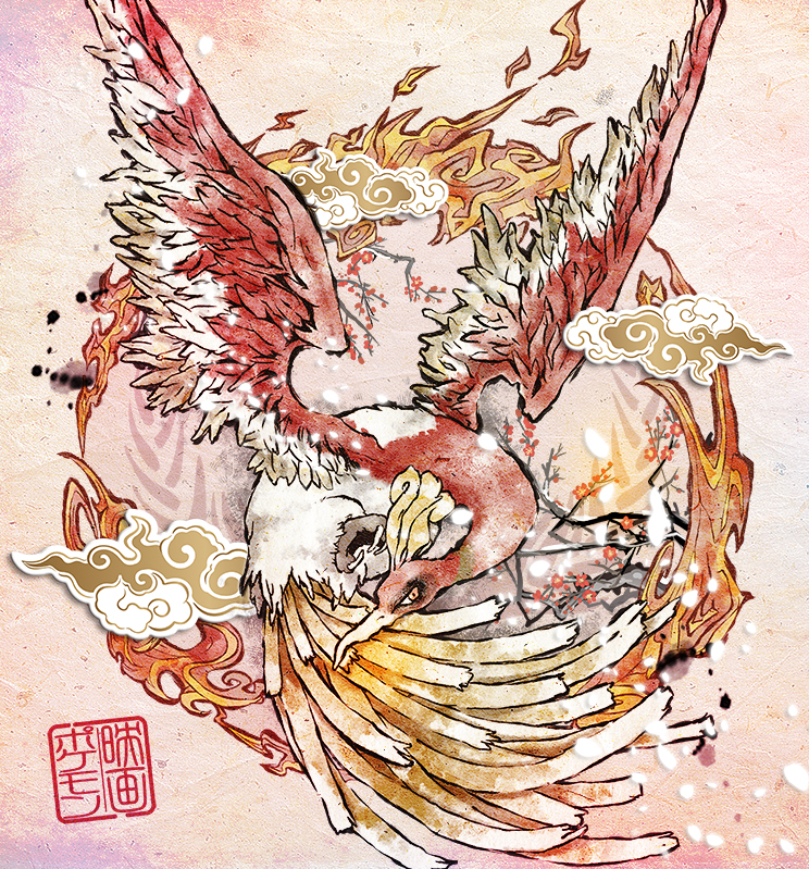 animal_focus bird calligraphy_brush_(medium) commentary_request flying gen_2_pokemon ho-oh imomushi_(pixiv_9001433) legendary_pokemon looking_at_viewer nintendo no_humans pink_background pokemon pokemon_(creature) signature solo spread_wings traditional_media yellow_eyes