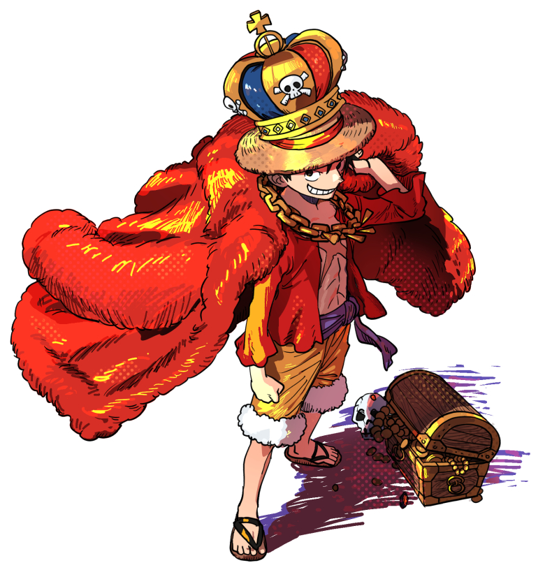 1boy black_eyes black_hair commentary_request cross cross_patty crown eyelashes happy hat looking_at_viewer male_focus monkey_d._luffy ns1123 one_piece pants red_shirt sandals scar scar_on_chest shirt short_hair simple_background skull smile solo standing straw_hat treasure_chest white_background yellow_pants