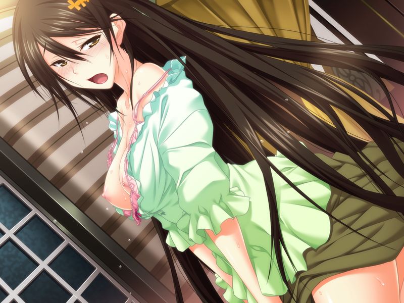 1girl bra bra_pull breasts brown_hair brown_skirt clothes_lift clothes_pull dutch_angle flower game_cg green_shirt hair_between_eyes hair_flower hair_ornament half-closed_eyes hazakura_seiso indoors kawagishi_keitarou long_hair maji_de_watashi_ni_koi_shinasai! medium_breasts nipples pink_bra shirt shirt_pull skirt skirt_lift solo straight_hair sweatdrop underwear very_long_hair yellow_eyes yellow_flower