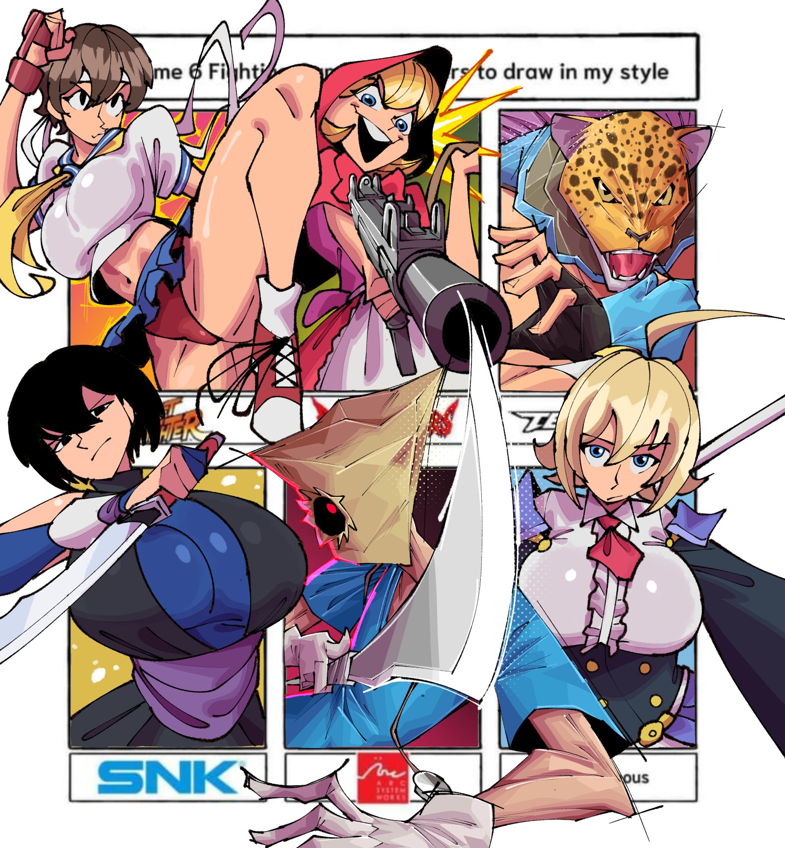 2boys 4girls ahoge aiming aiming_at_viewer animal_head apron arc_system_works b.b._hood bag bag_over_head black_eyes black_jumpsuit blazblue blonde_hair blue_eyes blue_gloves blue_sailor_collar blue_shirt blue_skirt blue_undershirt breasts brown_hair buruma_under_skirt center_frills copyright_name cropped_shirt darkstalkers dress english_text es_(xblaze) faust_(guilty_gear) fighting_stance fingerless_gloves flipped_hair foreshortening frills frown gloves glowing glowing_eye guilty_gear guilty_gear_strive gun hand_up headband highres holding holding_gun holding_knife holding_scalpel holding_weapon hood huge_ahoge huge_breasts jaguar_boy jumpsuit kasugano_sakura king_(tekken) knee_up knife large_breasts leg_up light_frown long_sleeves looking_at_viewer loyal_cloud medical_scrubs miniskirt multiple_boys multiple_drawing_challenge multiple_girls neckerchief necktie obi open_mouth panties pantyshot paper_bag partially_fingerless_gloves pleated_skirt pointing pointing_at_viewer pointing_melee_weapon puffy_short_sleeves puffy_sleeves purple_sash red_dress red_eyes red_gloves red_hood red_necktie reverse_grip sailor_collar samurai_spirits sash scalpel school_uniform serafuku shiki_(samurai_spirits) shirt short_hair short_necktie short_sleeves short_sword six_fanarts_challenge skirt sleeveless smile snk stethoscope street_fighter street_fighter_zero_(series) submachine_gun sword tantou tekken underbust underwear uzi v-shaped_eyebrows weapon white_apron white_gloves white_headband white_shirt xblaze yellow_neckerchief