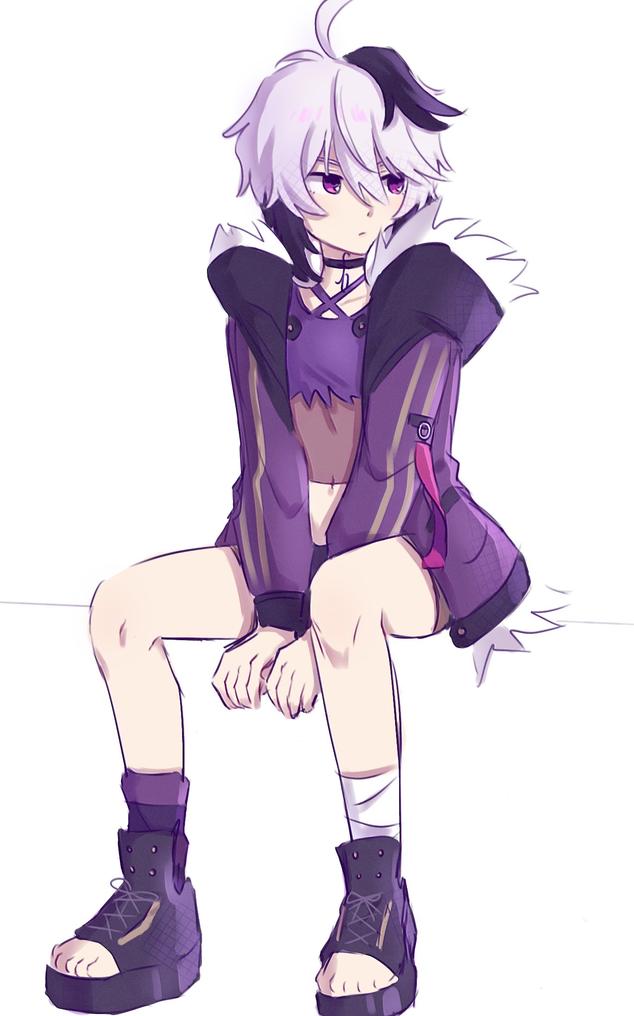 1girl ahoge androgynous bandaged_leg bandages black_hair choker crop_top flat_chest flower_(gynoid_talk) flower_(vocaloid) fur_trim gynoid_talk highres jacket leg_warmers multicolored_hair open_clothes open_jacket platform_footwear purple_eyes short_hair_with_long_locks shorts simple_background sitting toeless_footwear tomboy two-tone_hair vflovver vocaloid white_background white_hair