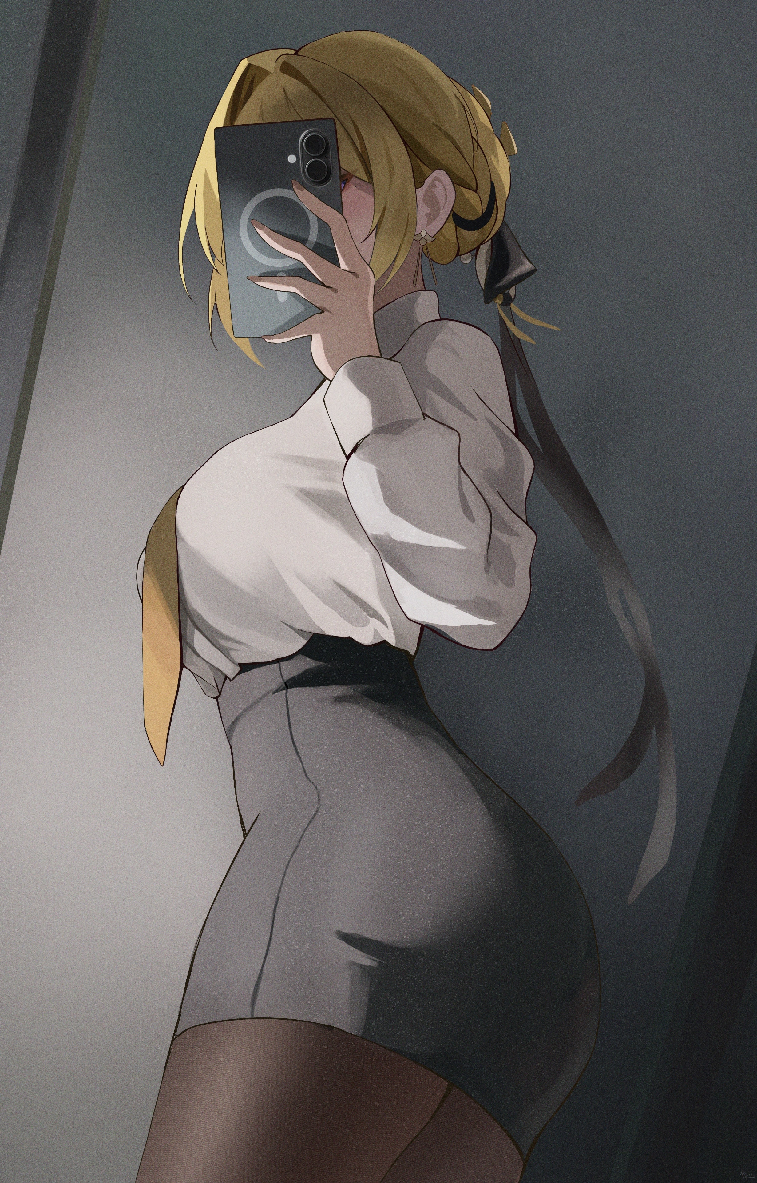 1girl absurdres alternate_costume ass black_pantyhose blonde_hair breasts cellphone commentary_request evelyn_chevalier from_side hair_up highres holding holding_phone large_breasts mirror_selfie necktie office_lady pantyhose pencil_skirt phone ring_hair_ornament selfie shirt shirt_tucked_in skirt smartphone solo white_shirt yato_(yama0x1) yellow_necktie zenless_zone_zero
