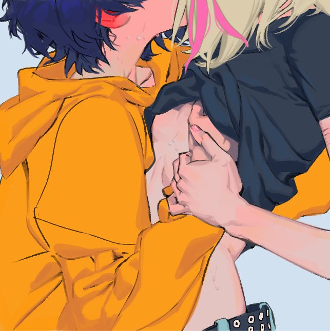 2girls grabbing_another&#039;s_arm groping hood hoodie implied_kiss kawai_rika multiple_girls ooto_ai orange_hoodie shiruanyways wonder_egg_priority yuri