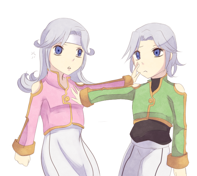 1boy 1girl bare_shoulders blue_eyes breasts brother_and_sister dio_(tales) dress grey_hair long_hair mel_(tales) pants short_hair siblings tales_of_(series) tales_of_phantasia:_narikiri_dungeon tales_of_phantasia:_narikiri_dungeon_x