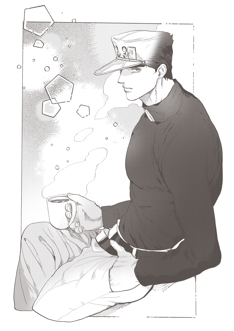 1boy cup diamond_wa_kudakenai hand_in_pocket hat jojo_no_kimyou_na_bouken kuujou_joutarou male_focus monochrome mug no_coat solo team turtleneck