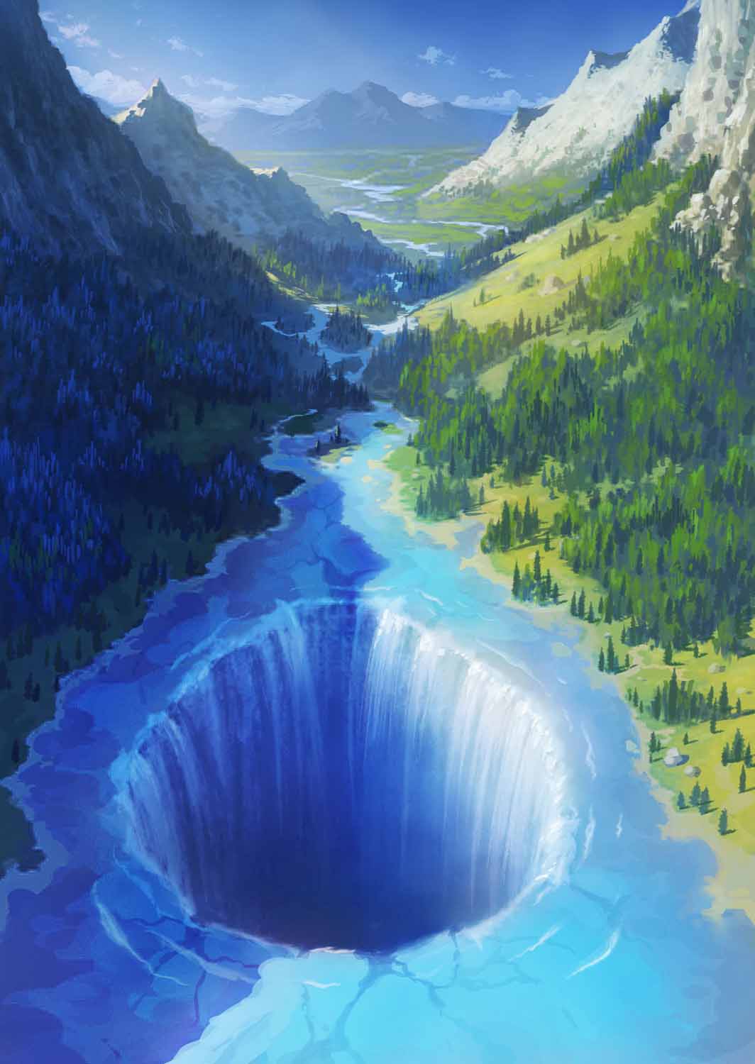 blue_sky cloud day forest grass highres lake landscape mountain mountainous_horizon nature no_humans original outdoors river scenery sky tree water yamakou_(yamakou_e2)