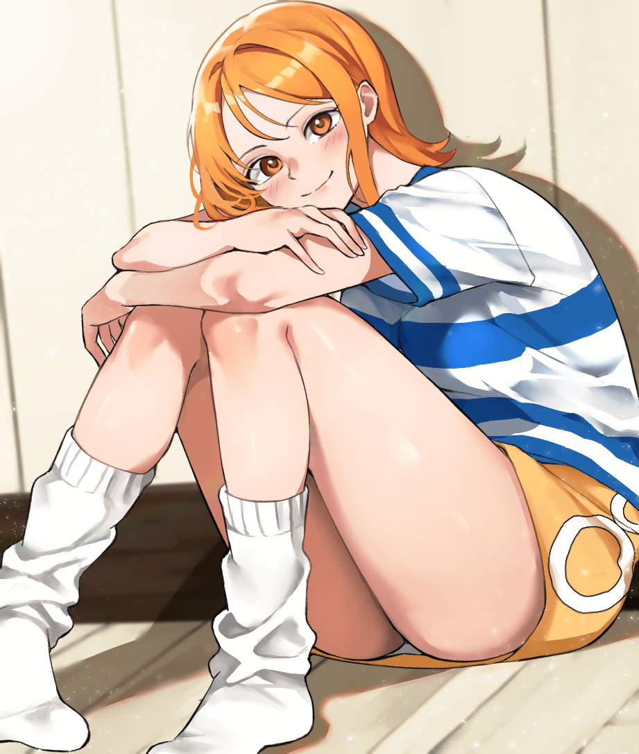 1girl blush breasts commentary_request commission crossed_arms full_body head_rest kasumi_6 knees_up looking_at_viewer loose_socks medium_breasts medium_hair nami_(one_piece) nami_(one_piece)_(east_blue) no_shoes on_floor one_piece orange_eyes orange_hair panties panty_peek pixiv_commission shirt short_sleeves sitting skirt smile socks solo striped_clothes striped_shirt t-shirt underwear white_panties white_socks yellow_skirt