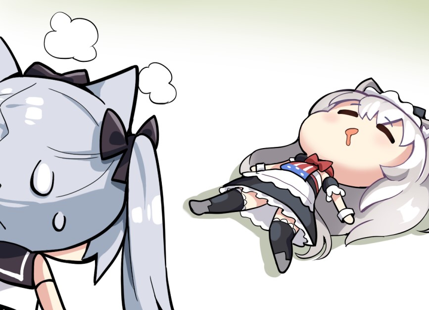 2girls animal_ear_fluff animal_ears azur_lane cat_ears cat_girl chibi commentary_request detached_sleeves drooling grey_hair hair_between_eyes hammann_(azur_lane) hm_(hmongt) long_hair looking_at_another lying multiple_girls nervous_sweating on_back short_sleeves sidelocks sleeping sweat twintails yukikaze_(azur_lane)