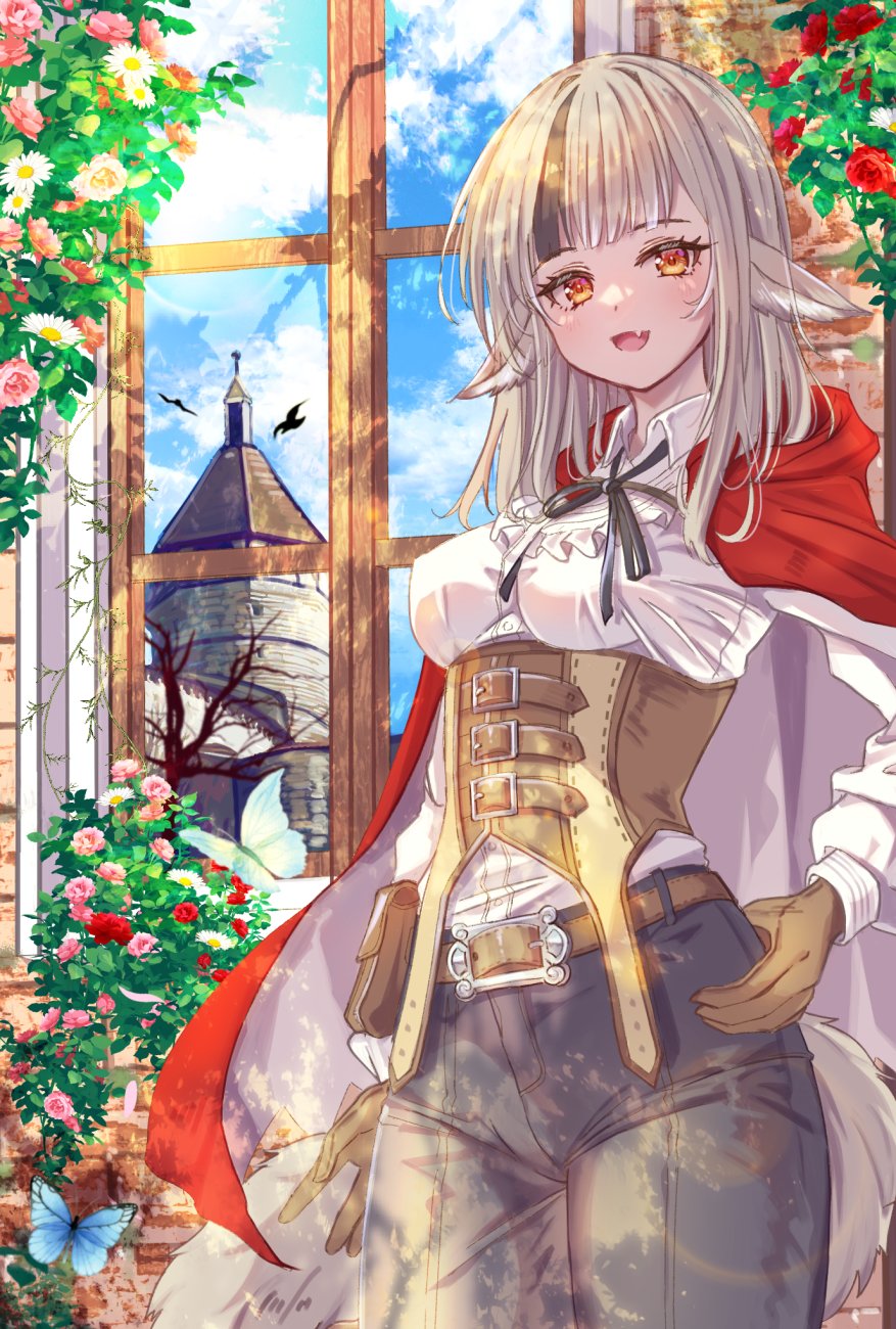 1girl animal_ears belt belt_buckle belt_pouch black_ribbon brown_corset brown_gloves buckle bug butterfly cape corset fang fire_emblem fire_emblem_fates flower fuussu_(21-kazin) gloves grey_hair grey_tail hand_on_own_hip highres hood hood_down hooded_cape insect looking_at_viewer multicolored_hair nintendo open_mouth orange_eyes pink_flower pink_rose pouch red_flower red_hood red_rose ribbon rose solo tail two-tone_hair velouria_(fire_emblem) white_flower white_rose window wolf_ears wolf_girl wolf_tail