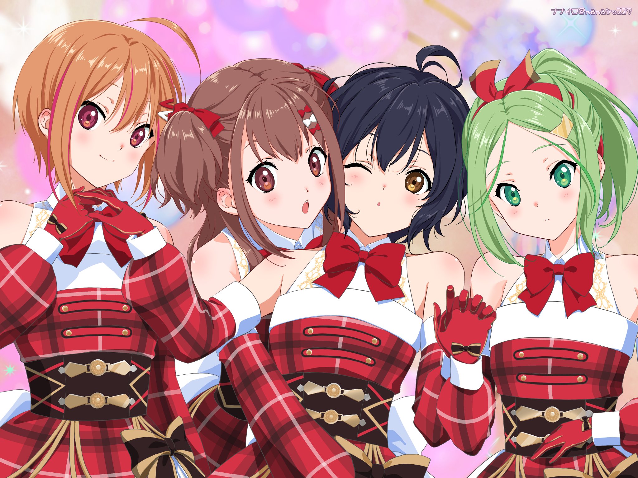 22/7 4girls ahoge artist_name black_hair blush bow bow_hairband bowtie brown_eyes brown_hair christmas closed_mouth detached_sleeves dress gloves green_eyes green_hair hair_between_eyes hair_bow hair_ornament hairband hairclip half_updo high_ponytail highres himuro_mizuki holding_hands hug hug_from_behind kiryu_touko long_hair looking_at_viewer multicolored_hair multiple_girls nanairo_(nanairo227) one_eye_closed open_mouth orange_hair parted_bangs pink_hair ponytail red_bow red_bowtie red_gloves red_hairband sera_honoka short_hair sleeveless sleeveless_dress smile standing takigawa_miu teeth two-tone_bow two_side_up upper_teeth_only