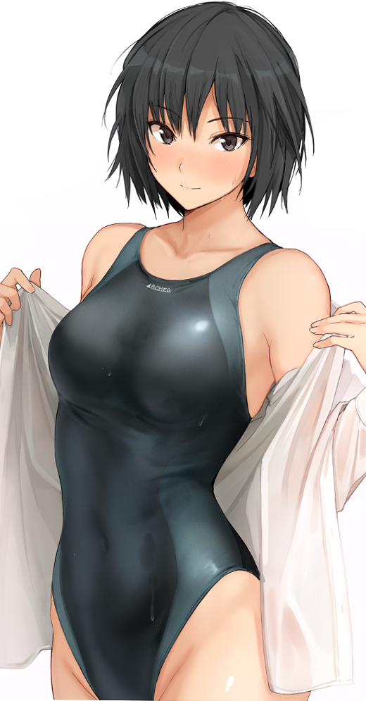 1girl amagami black_hair black_one-piece_swimsuit breasts brown_eyes clothes_writing collarbone competition_swimsuit cowboy_shot dress_shirt looking_at_viewer medium_breasts mobu nanasaki_ai one-piece_swimsuit open_clothes shirt short_hair solo swimsuit