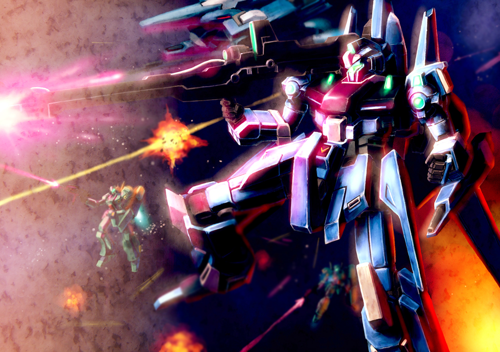banchengping@126 battle beam_rifle cannon energy_gun explosion gun gundam gundam_unicorn jegan mecha mecha_focus rezel rezel_comander rezel_commander rezel_commander_type rgz-95 rgz-95c robot shield space weapon zero_gravity