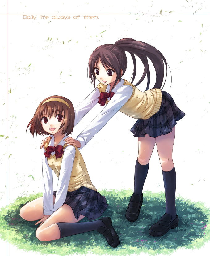 2girls english_text engrish_text kneehighs legs multiple_girls original ponytail ranguage school_uniform skirt socks vest yakka