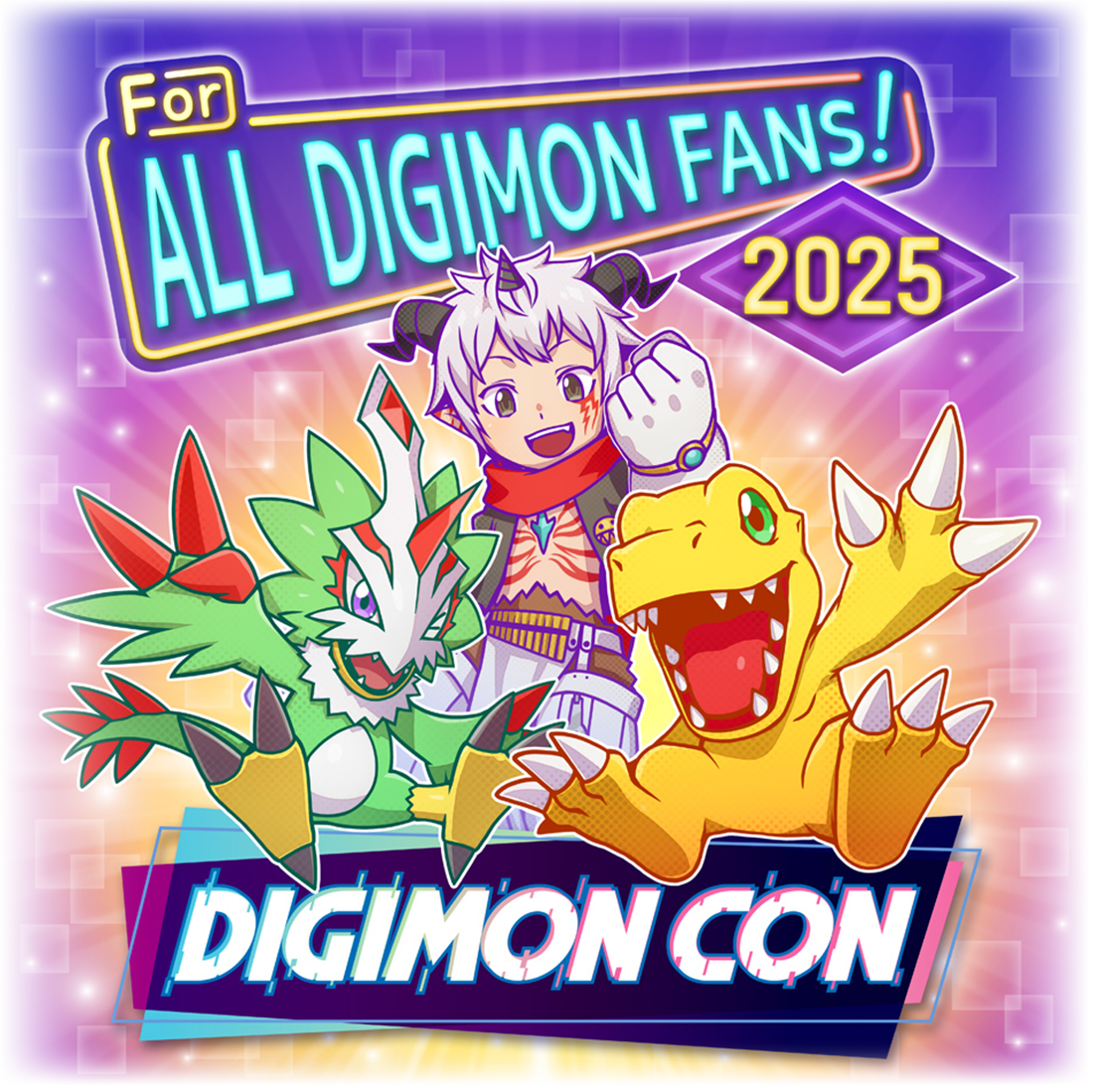 1boy 2025 aegiomon agumon beak bird black_eyes black_vest body_markings chest_jewel copyright_name digimon digimon_(creature) facial_mark feathers goat_horns green_eyes green_feathers grey_hair group_picture horns lizard no_shirt official_art one_eye_closed open_mouth orange_scales panties pointy_ears pteromon purple_eyes sharp_teeth short_hair talons teeth underwear vest white_panties