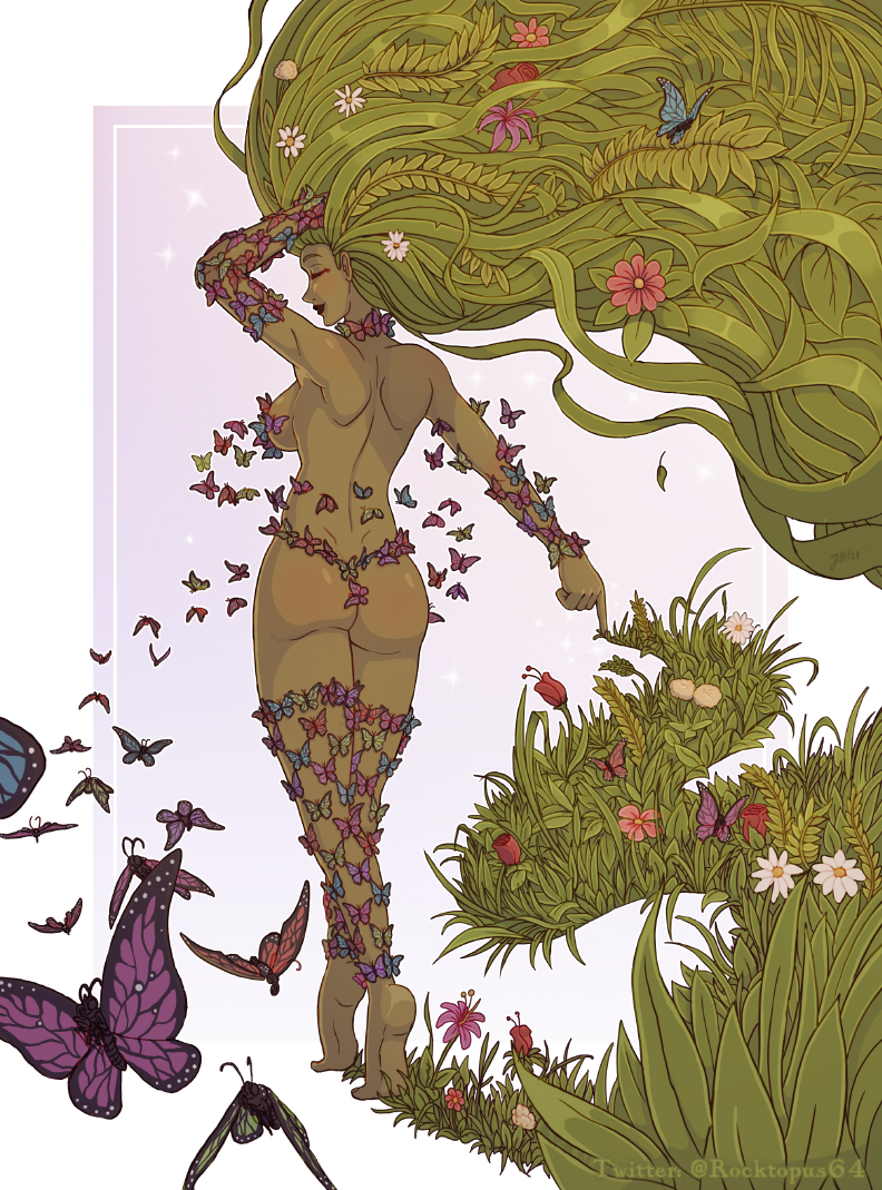 1girl arm_up ass back backboob barefoot breasts bug butterfly closed_eyes commentary daisy_(flower) dark-skinned_female dark_skin dryad english_commentary flower from_behind full_body grass green_hair hand_in_own_hair insect leaf long_hair mature_female medium_breasts nature nude original pink_flower plant red_flower red_tulip rocktopus64 smile solo standing tiptoes too_many too_many_butterflies tulip twitter_username very_long_hair white_flower