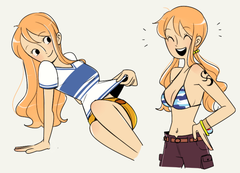 1girl ^_^ alternate_hairstyle arm_tattoo bangle bikini bikini_top_only blue_bikini bracelet cesel closed_eyes closed_mouth hand_on_own_hip jewelry log_pose long_hair looking_to_the_side multiple_views nami_(one_piece) nami_(one_piece)_(east_blue) nami_(one_piece)_(skypiea) notice_lines official_alternate_costume one_piece open_mouth orange_hair shirt simple_background sitting skirt smile swimsuit t-shirt tattoo teeth twintails upper_teeth_only v-neck white_background yellow_skirt