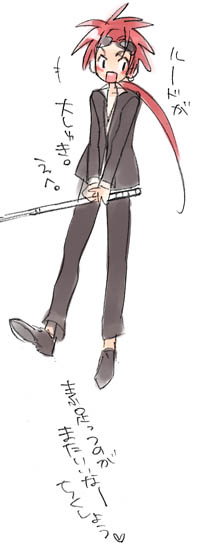 1boy bad_id baton_(weapon) black_footwear black_jacket black_pants black_suit blush final_fantasy final_fantasy_vii formal_clothes full_body goggles goggles_on_head happy holding holding_baton holding_weapon jacket leg_up long_hair low_ponytail male_focus open_mouth pants partially_unbuttoned ponytail red_hair reno_(ff7) shirt smile solo spiked_hair suit suit_jacket toujou_sakana translation_request turks_(ff7) weapon white_background white_shirt
